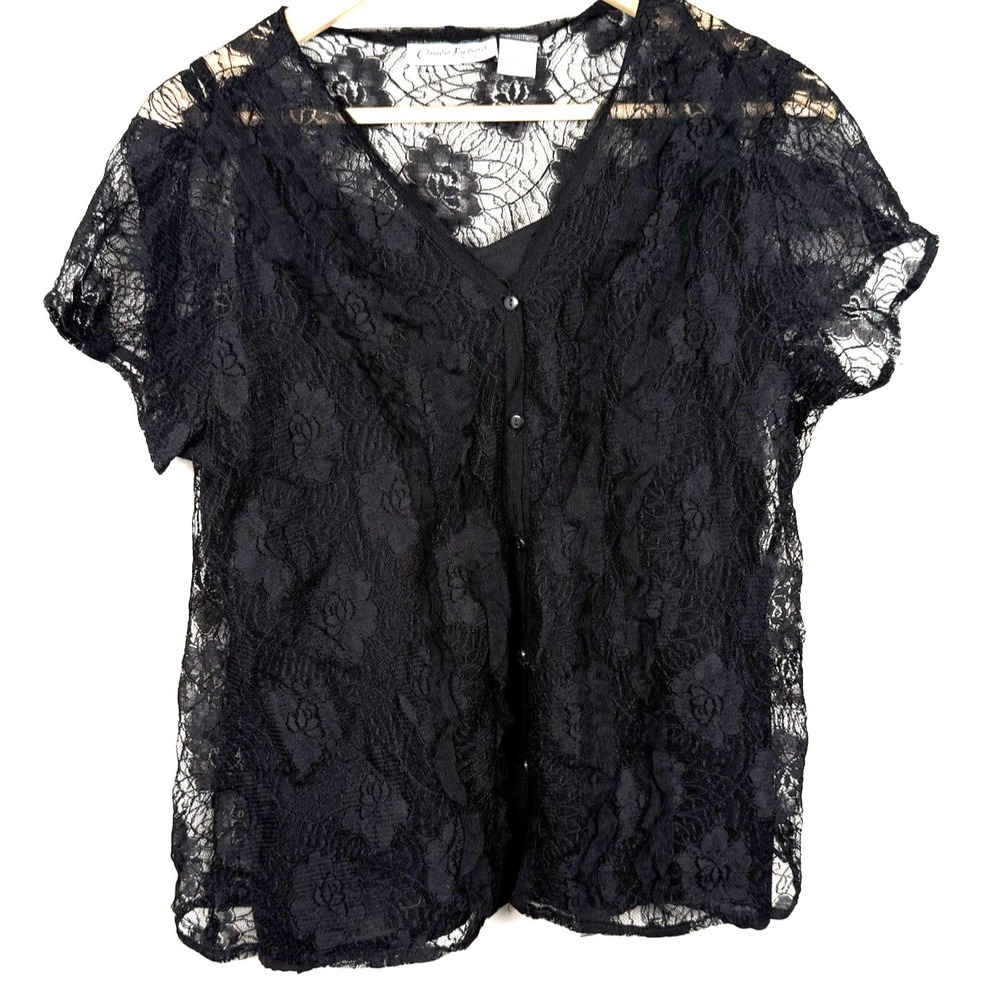 Vintage Claudia Richard Black Lace Top Sheer V Neck Button Front Blouse XL Goth